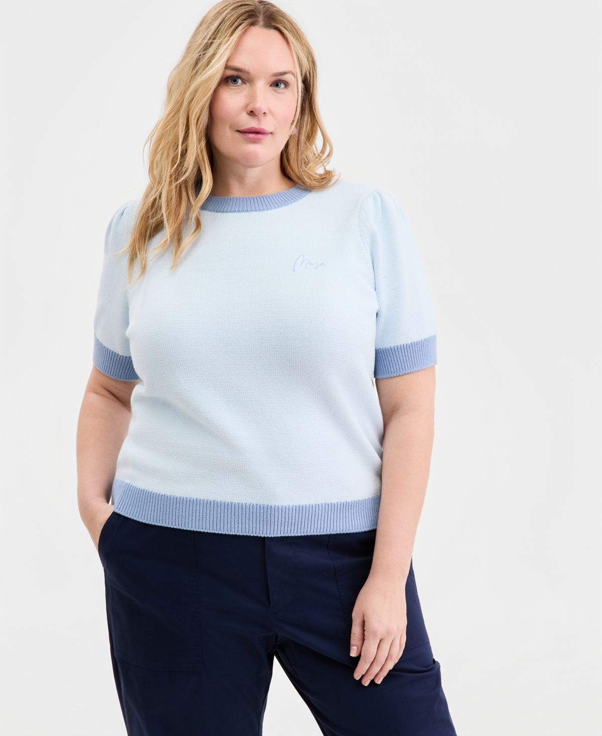 On 34th Trendy Plus Short-Sleeve Tipped Sweater, Macy's Exclusive