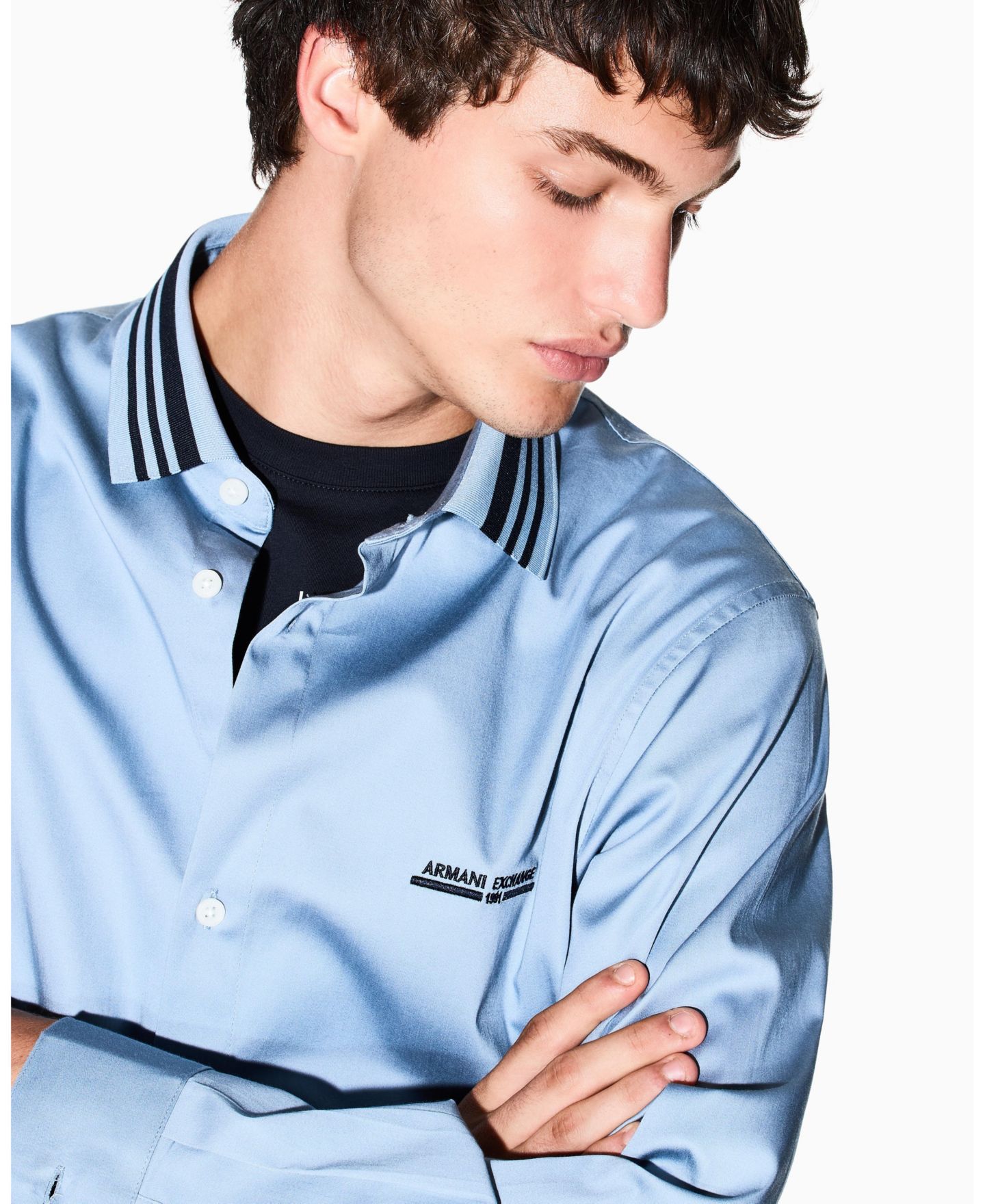 Мужская рубашка A|X Armani Exchange Collar Tipping Woven Dress Shirt, цвет: Выцветший джинсовый синий — фото 4