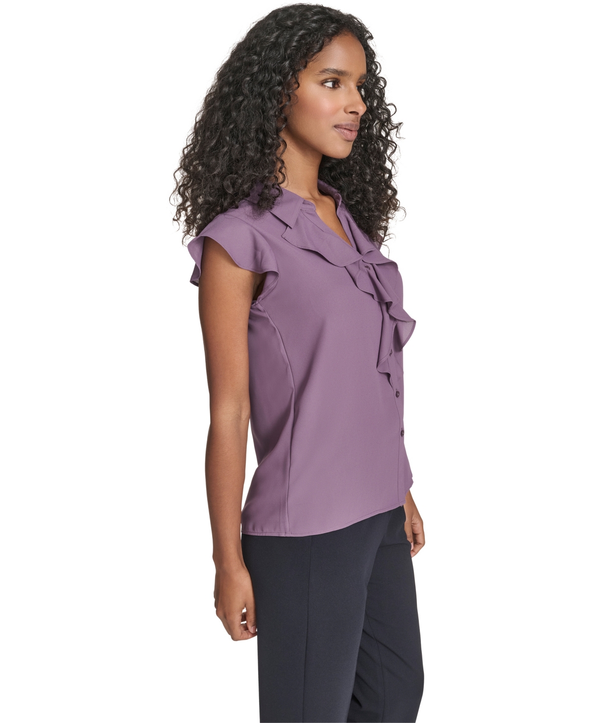 Calvin Klein Petite Solid Cap Sleeve Ruffle Front Top