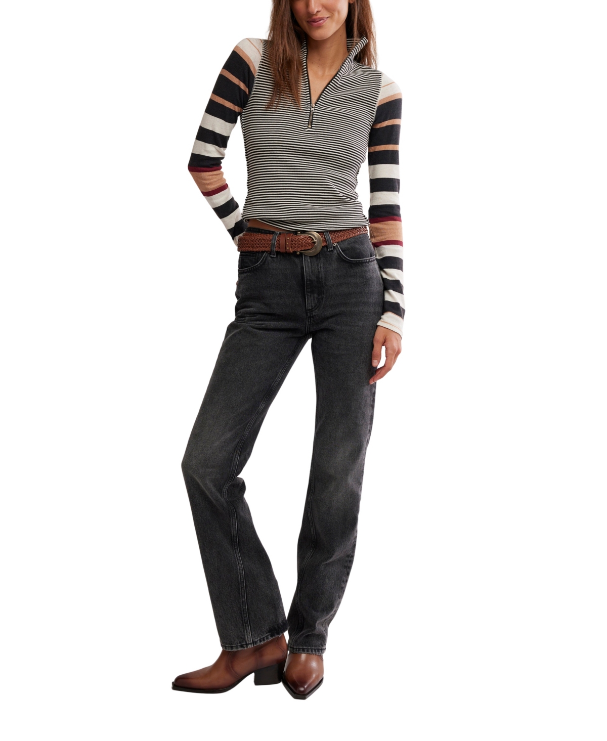 Free People Women's Avery Zip-Up Contrasting Stripe Top