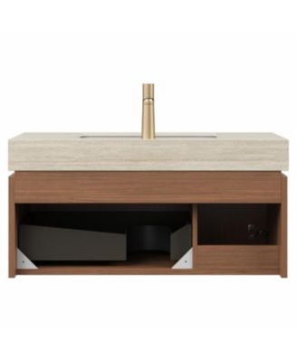 Streamdale Roma Travertine Sintered Stone Vanity with Ceramic Basin & Oak Drawer