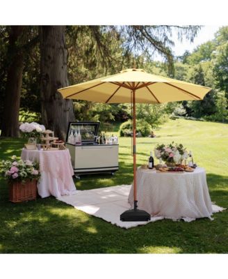 9ft Solid Wood Outdoor Patio Umbrella with Base Included Parasol Wheels Stand for Bistro Market Garden Deck Yard Poolside Yellow