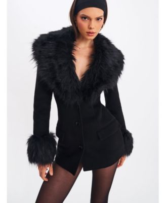 Women Hailee Black Single Breasted Wool Blend Mini Coat with Removable Fur Lapel