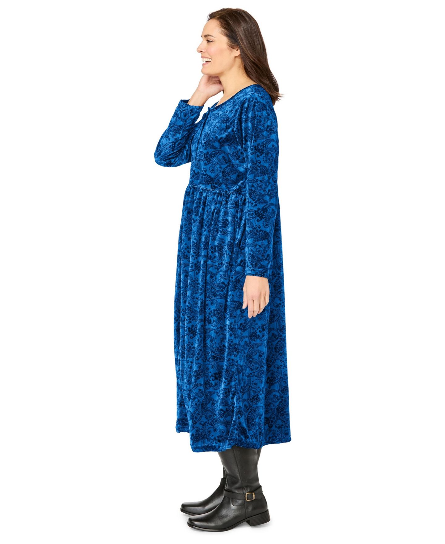 Женское платье Woman Within Plus Size 21-Button Velour, цвет: Кобальтовый с принтом — фото 3