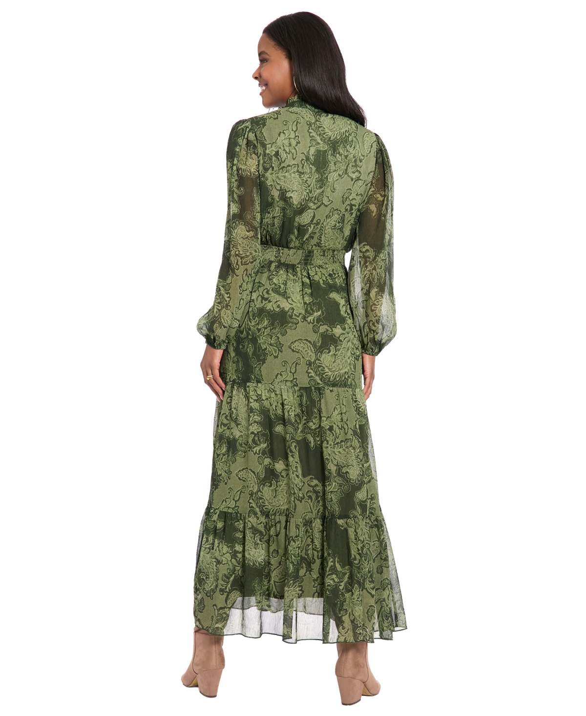 London Times Women's Printed Tiered Mock Neck Maxi Dress In Green