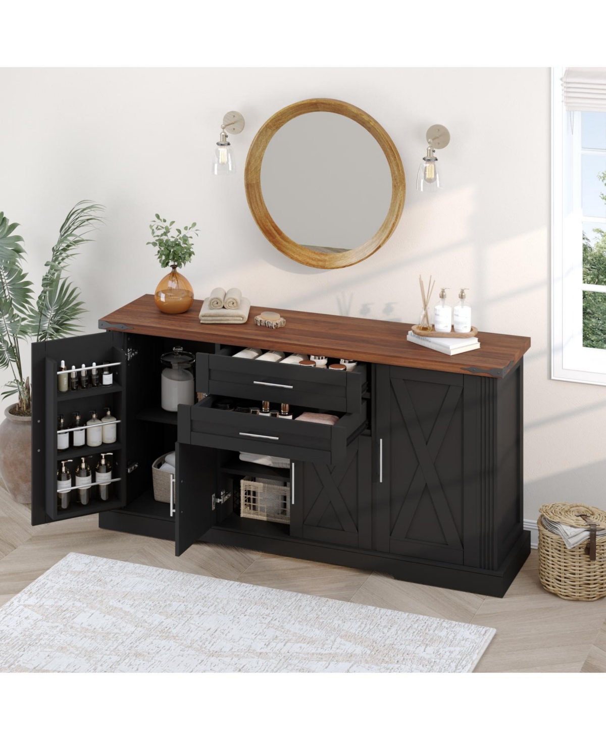 Streamdale Furniture 63" Farmhouse Barn Door Cabinet - Buffet Table/Coffee Bar, Black