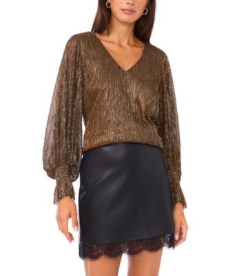 Women's Metallic V-Neck Sheer-Sleeve Top