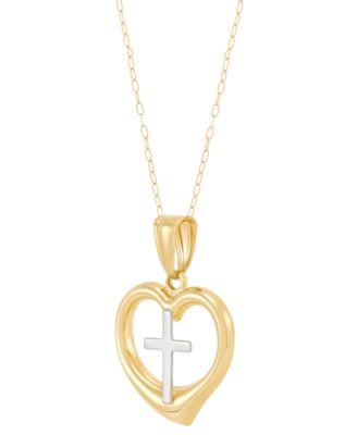 Back-to-Back Cross in Heart Pendant Necklace in 10k Yellow and White Gold