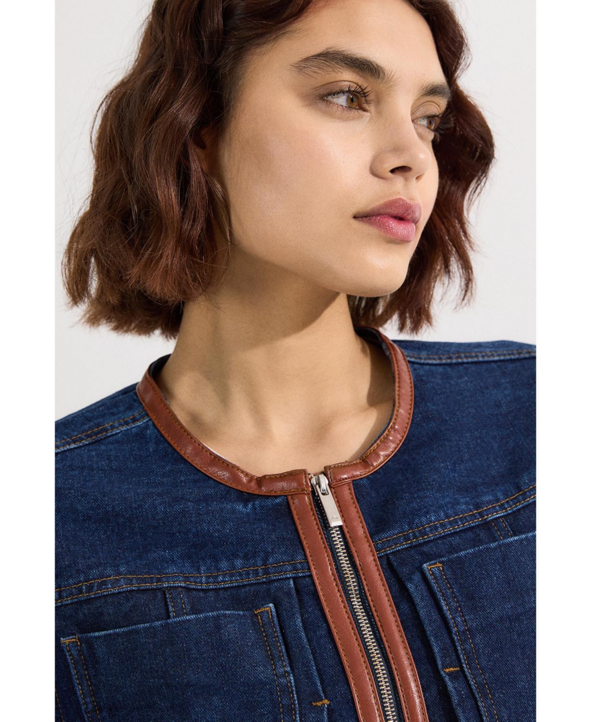 Karen Millen Women's Denim & Leather Collarless Jacket