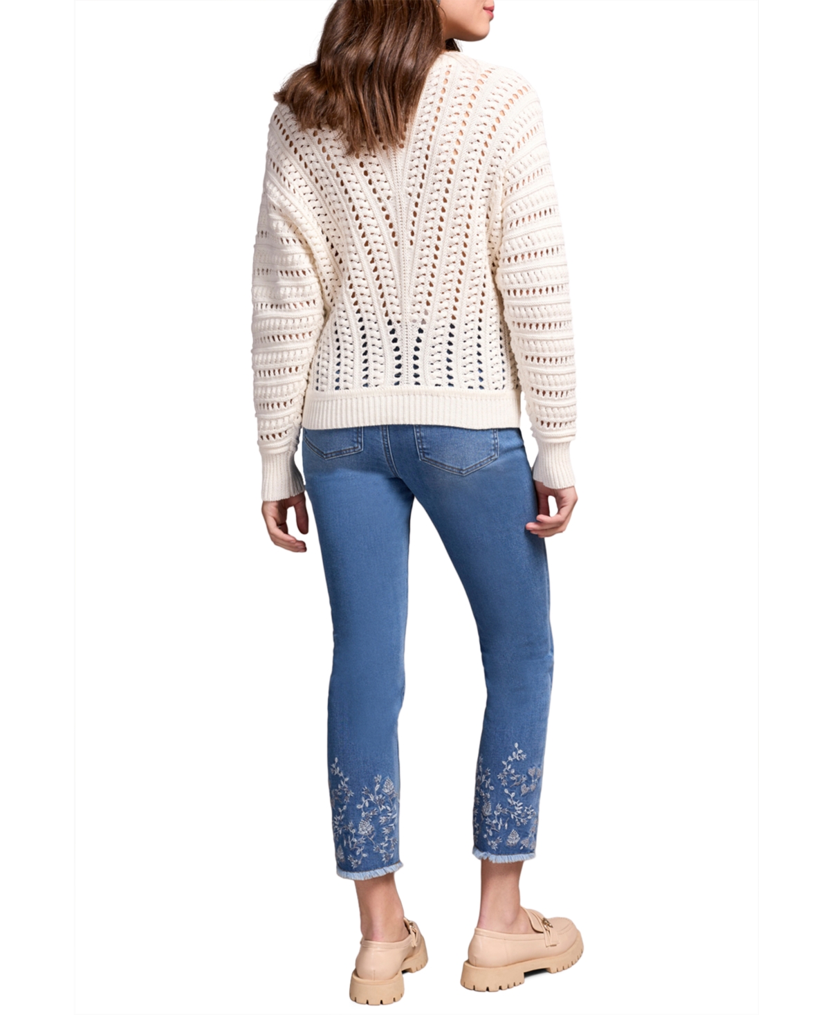 Tribal Women's Textured Special Wash Crew Neck Sweater In White