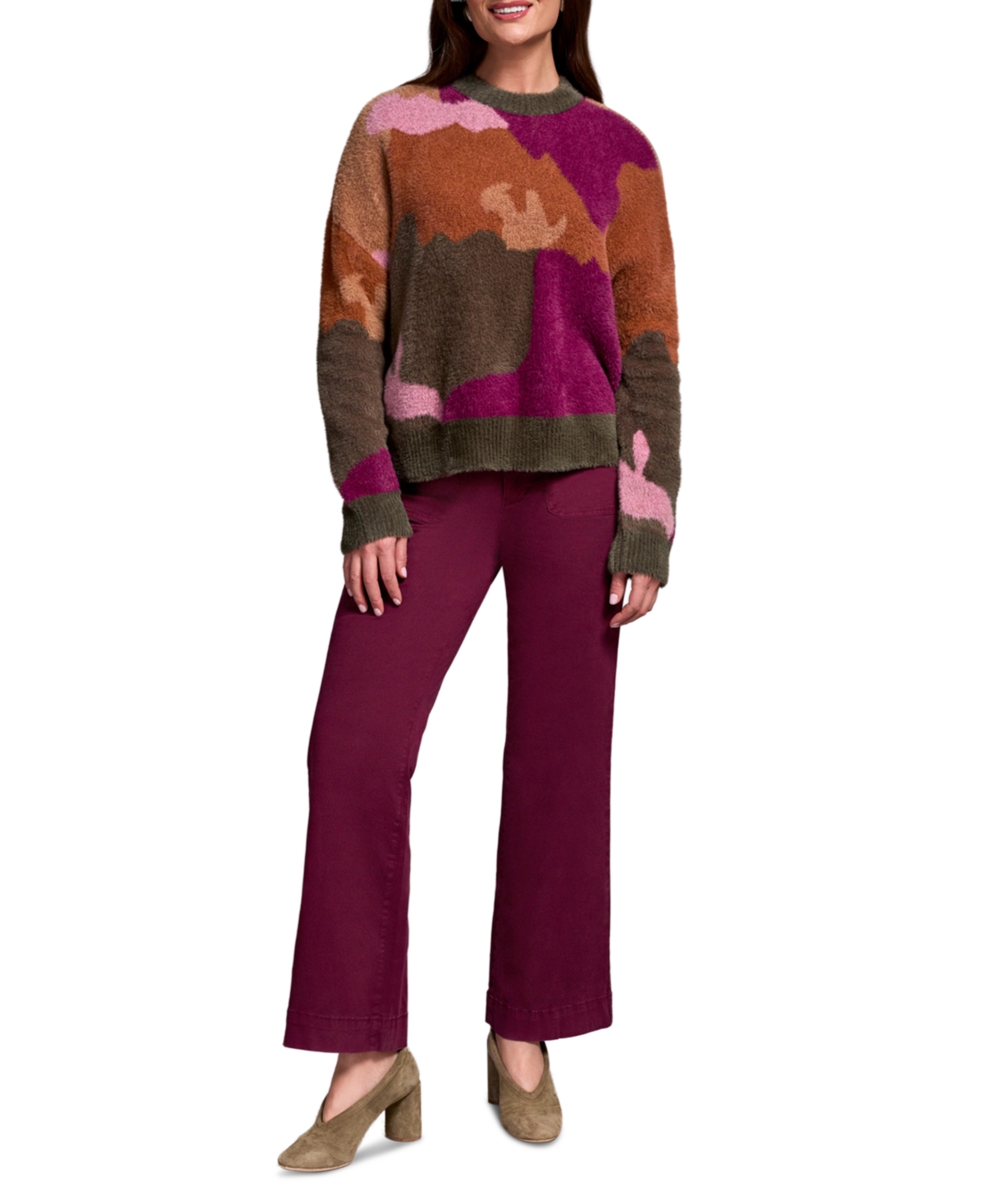 Tribal Women's Fuzzy Intarsia Crew Neck Sweater In Multi