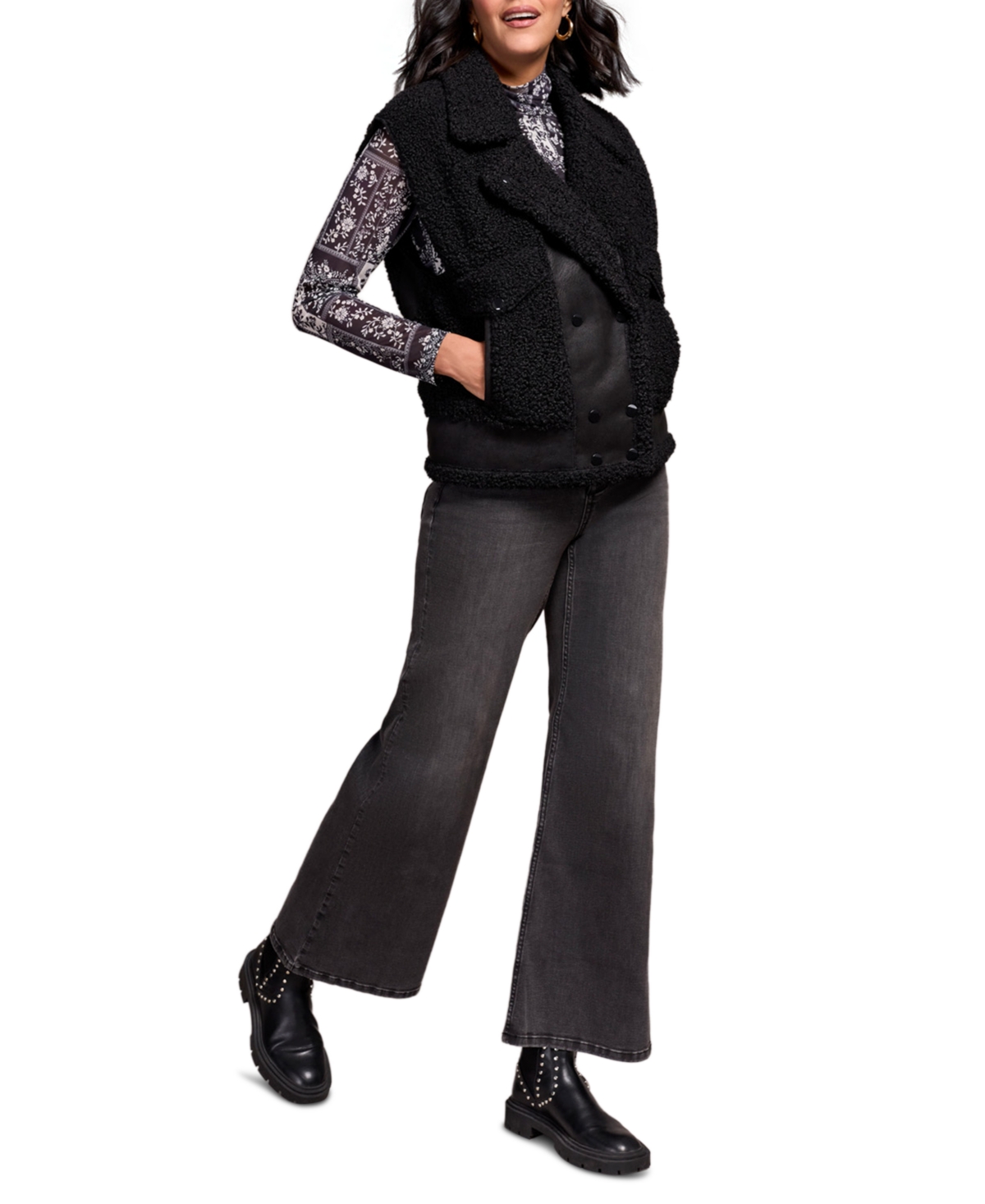 Tribal Women's Collared Sleeveless Sherpa Vest In Black