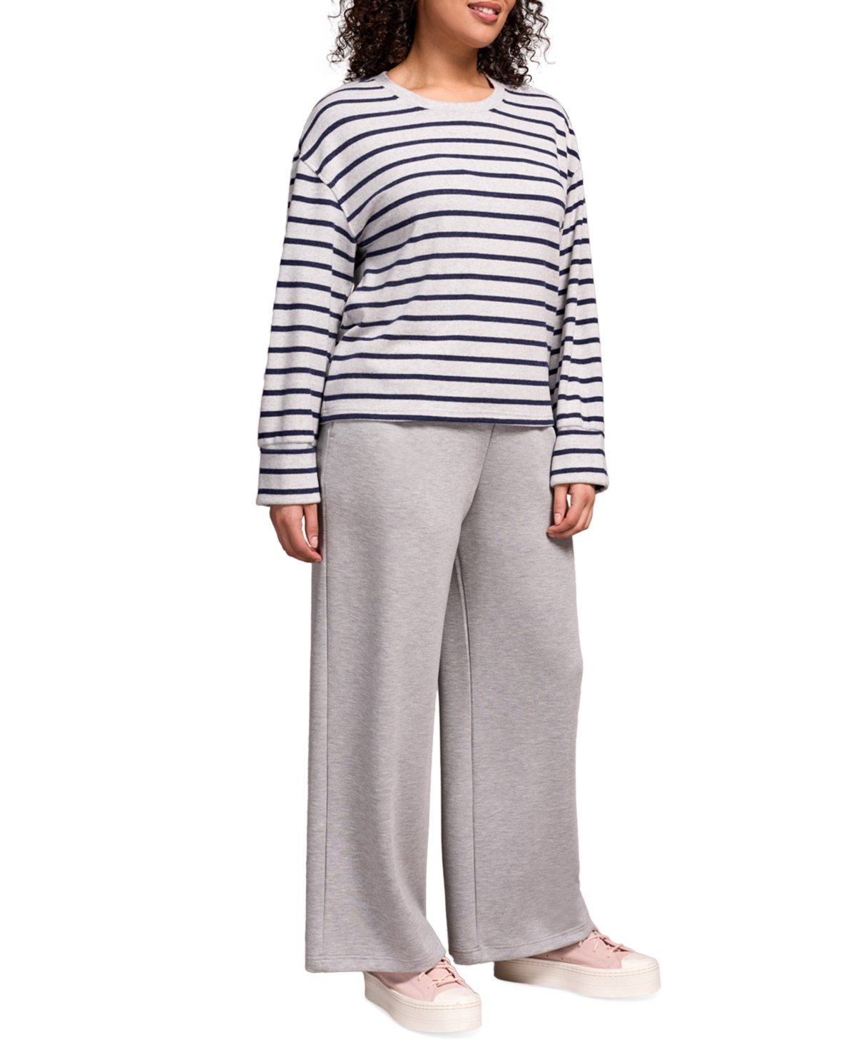 Tribal Women's Long Sleeve Stripe Crew Neck Brush Knit Top In Blue
