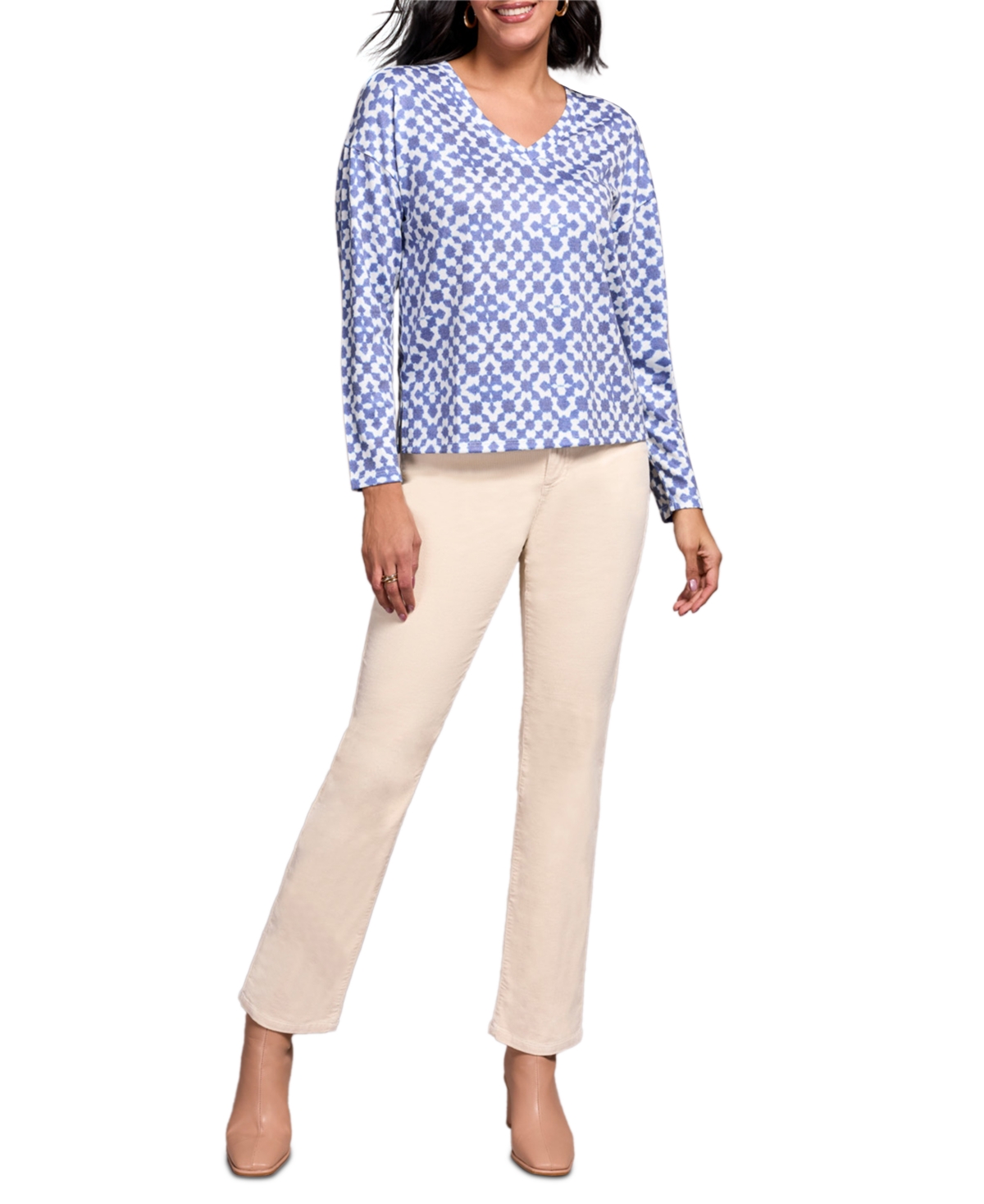 Tribal Fuzzy Soft V-neck Combo Print Knit Top In Ultra Blue In Blue