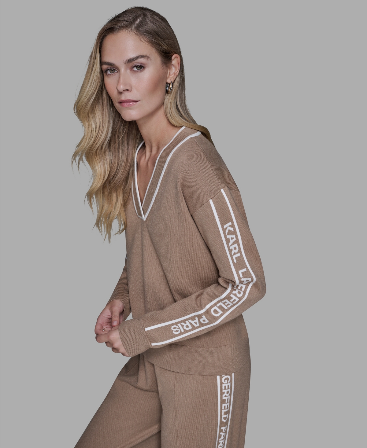 Karl Lagerfeld Women's Logo Tape V-neck Sweater In Brown