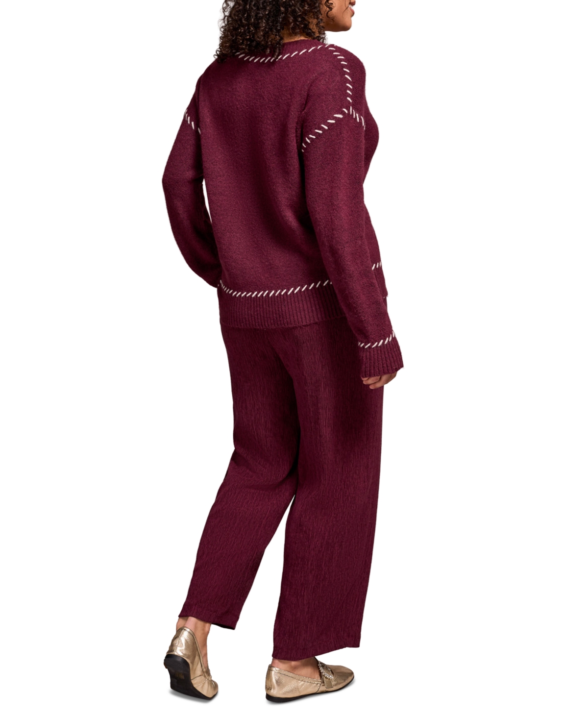 Tribal Women's Saddle Stitch Crew Neck Sweater In Burgundy