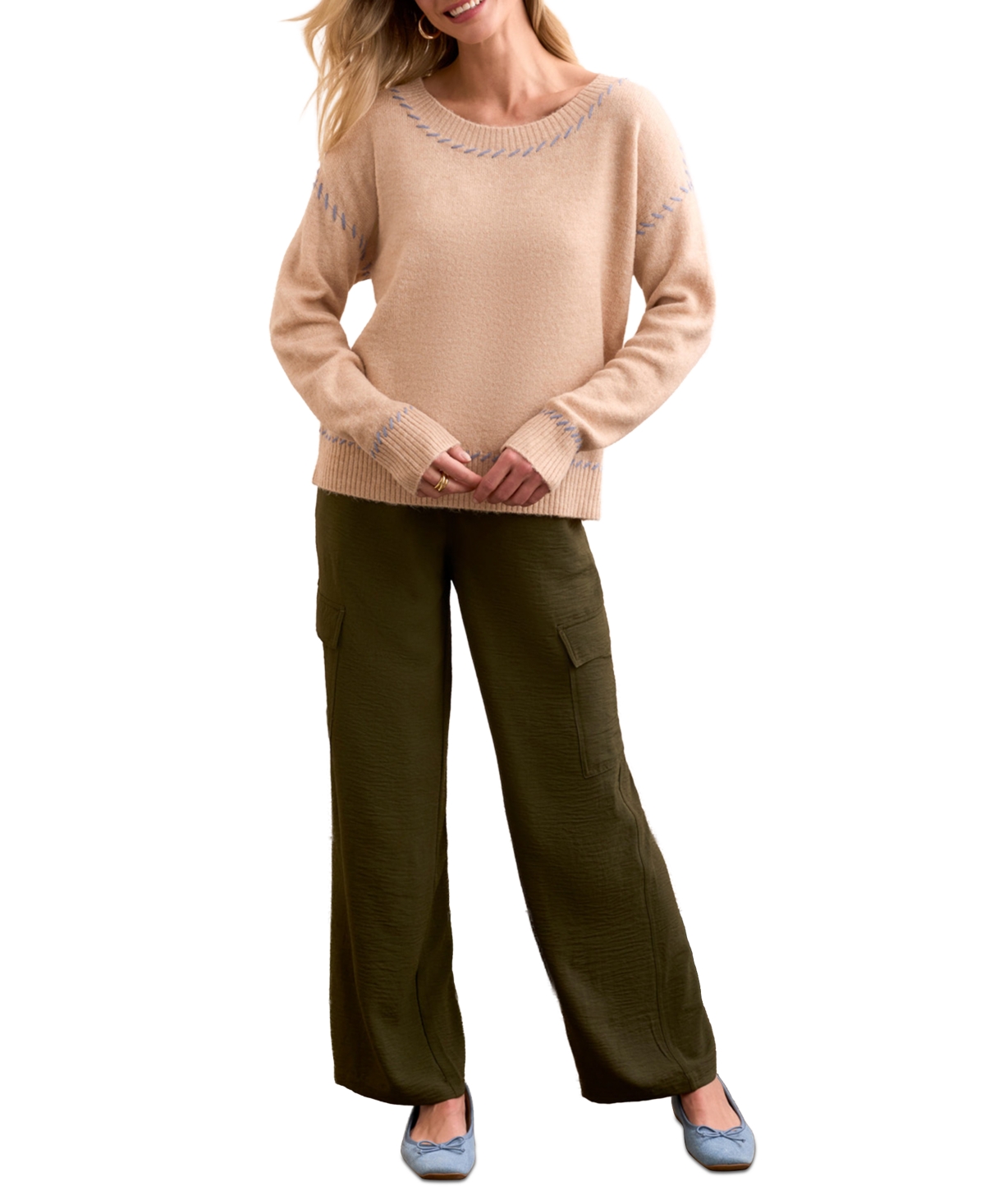 Tribal Women's Saddle Stitch Crew Neck Sweater In Multi