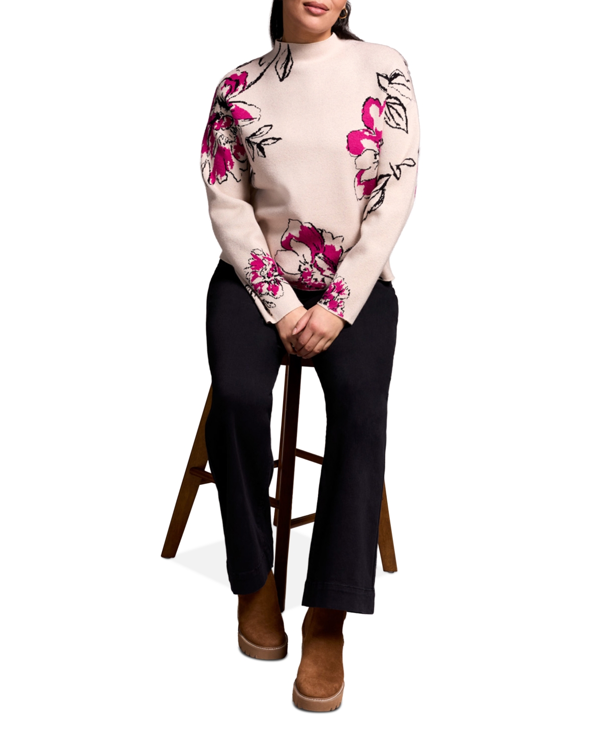 Tribal Women's Knit Jacquard Funnel Neck Sweater