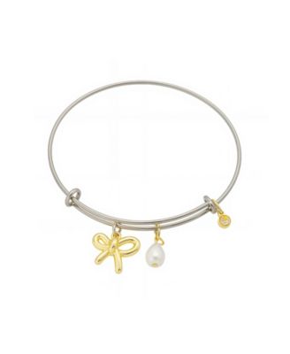 Unwritten - Two Tone Tone Bow, Glass Cultivated Pearl Crystal Bezel Bangel Barcelet