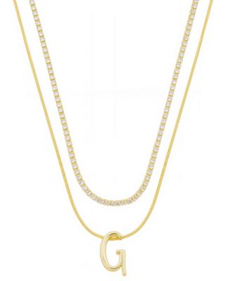 Unwritten - Letter "G" Initial Snake Chain Cubic Zirconia Chain Necklace With Extender 2Pcs Set