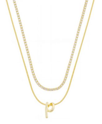 Unwritten - Letter "P" Initial Snake Chain Cubic Zirconia Chain Necklace With Extender 2Pcs Set