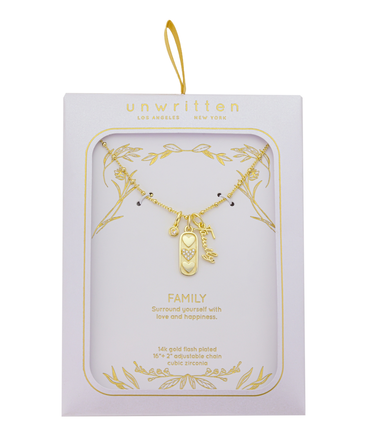 Unwritten "Family" Cubic Zirconia Bezel, Cubic Zirconia Triple Heart Beaded Chain Necklace