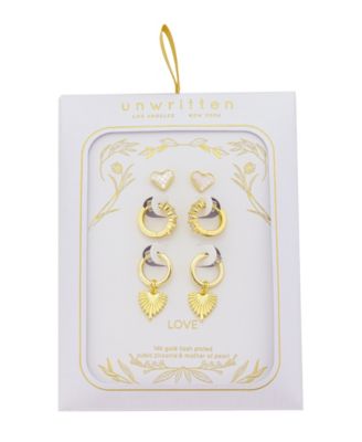 Mother Of Cultivated Pearl Inlay Heart Post Stud, Cubic Zirconia Endless Hoop Plain Heart Endless Hoop 3Pair Ear Set