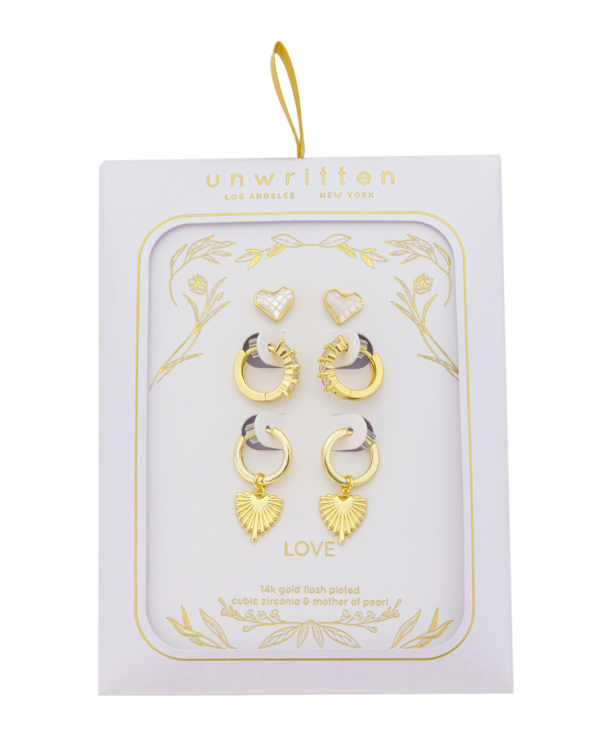 Unwritten Mother Of Cultivated Pearl Inlay Heart Post Stud, Cubic Zirconia Endless Hoop Plain Heart Endless Hoop 3Pair Ear Set