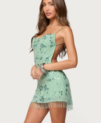 Women's Embellished Fringed Backless Mini Dress