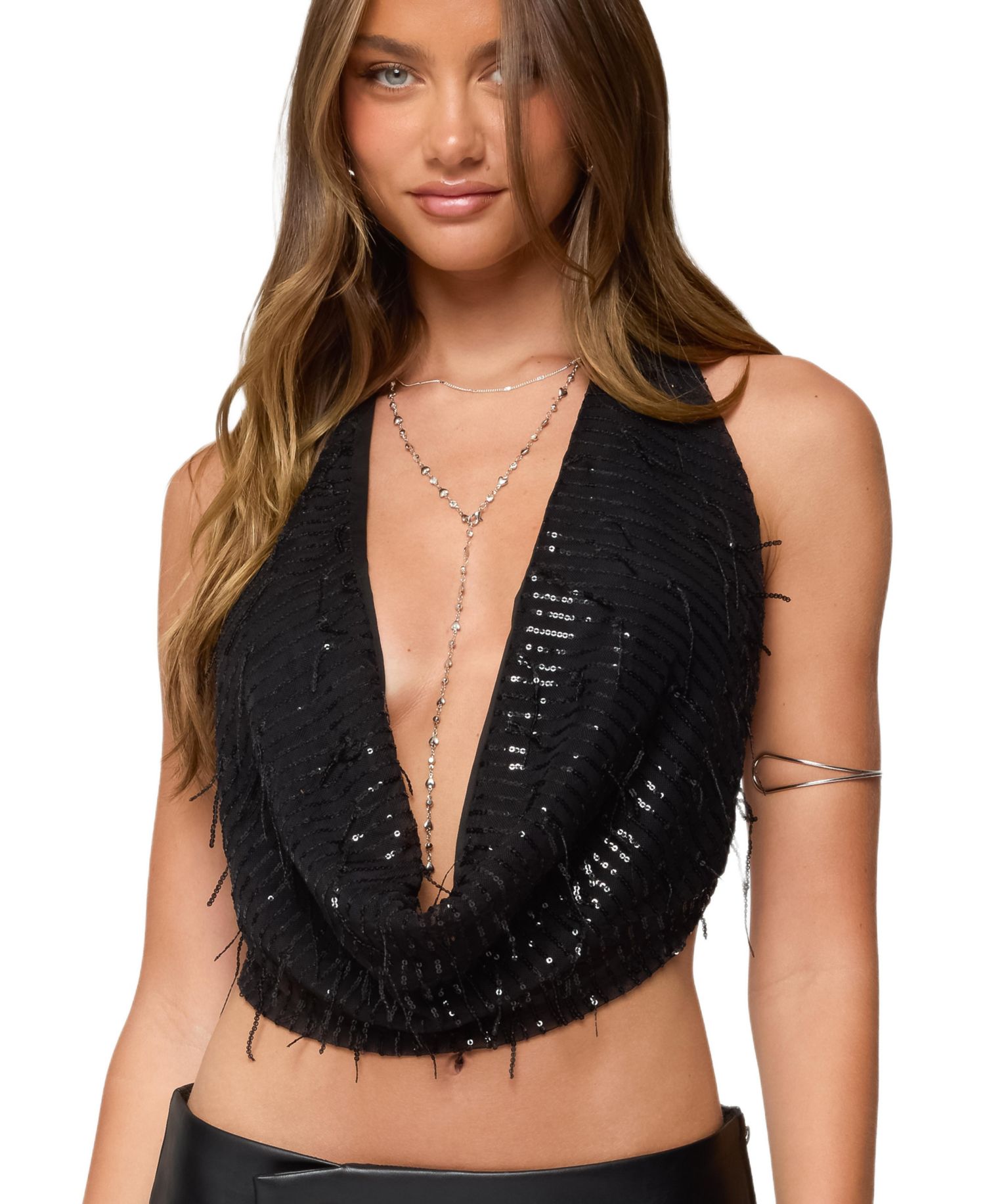 Women's Fringed Sequin Backless Halter Top