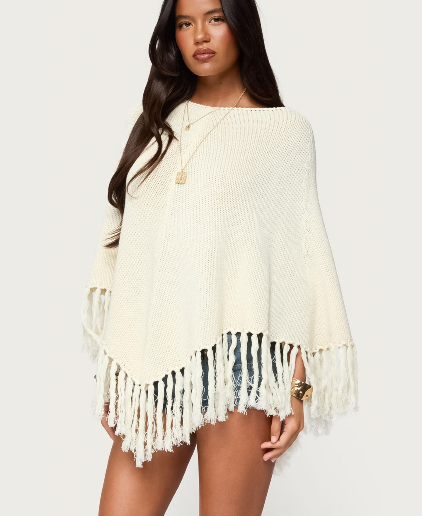 Edikted Women's Kamila Fringe Knit Poncho, цвет: Кремовый — фото 4