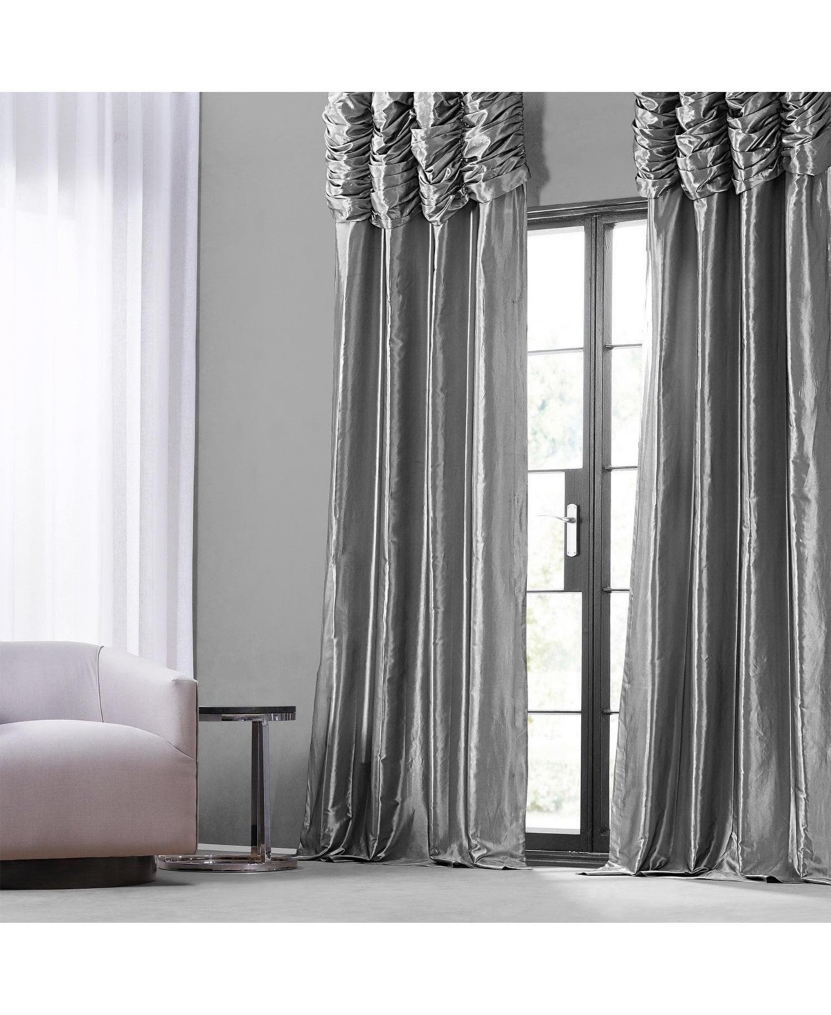 Half Price Drapes Platinum Ruched Solid Faux Silk Taffeta Room Darkening Curtain