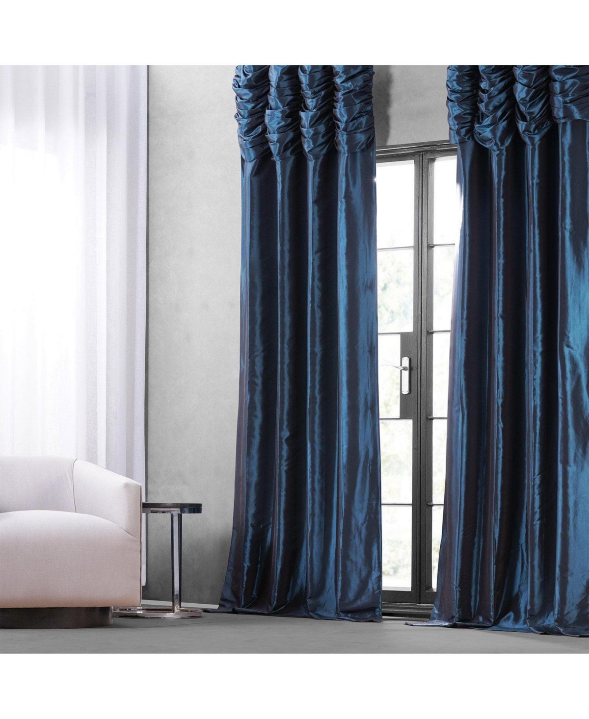 Half Price Drapes Navy Ruched Solid Faux Silk Taffeta Room Darkening Curtain