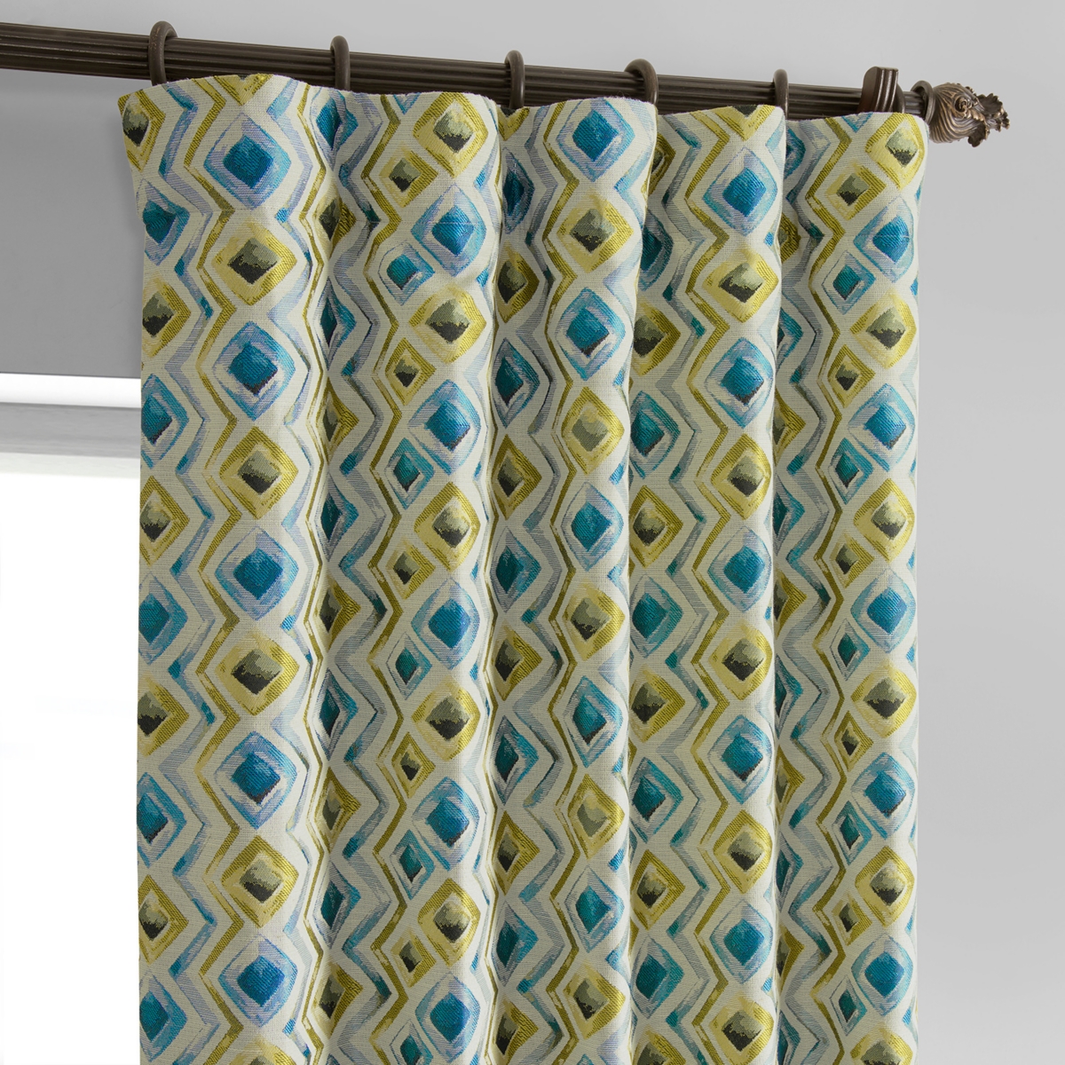 Half Price Drapes Zanni Multi Blue Green Geometric Faux Silk Jacquard Room Darkening Curtain