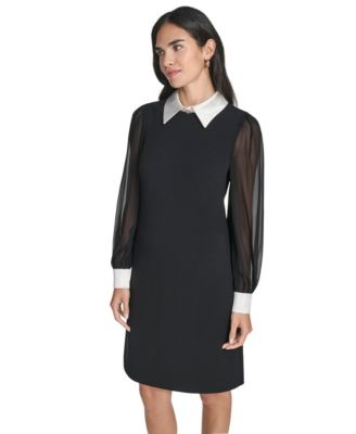 Petite Bishop Sleeve Shirt Collar Sheath Dress