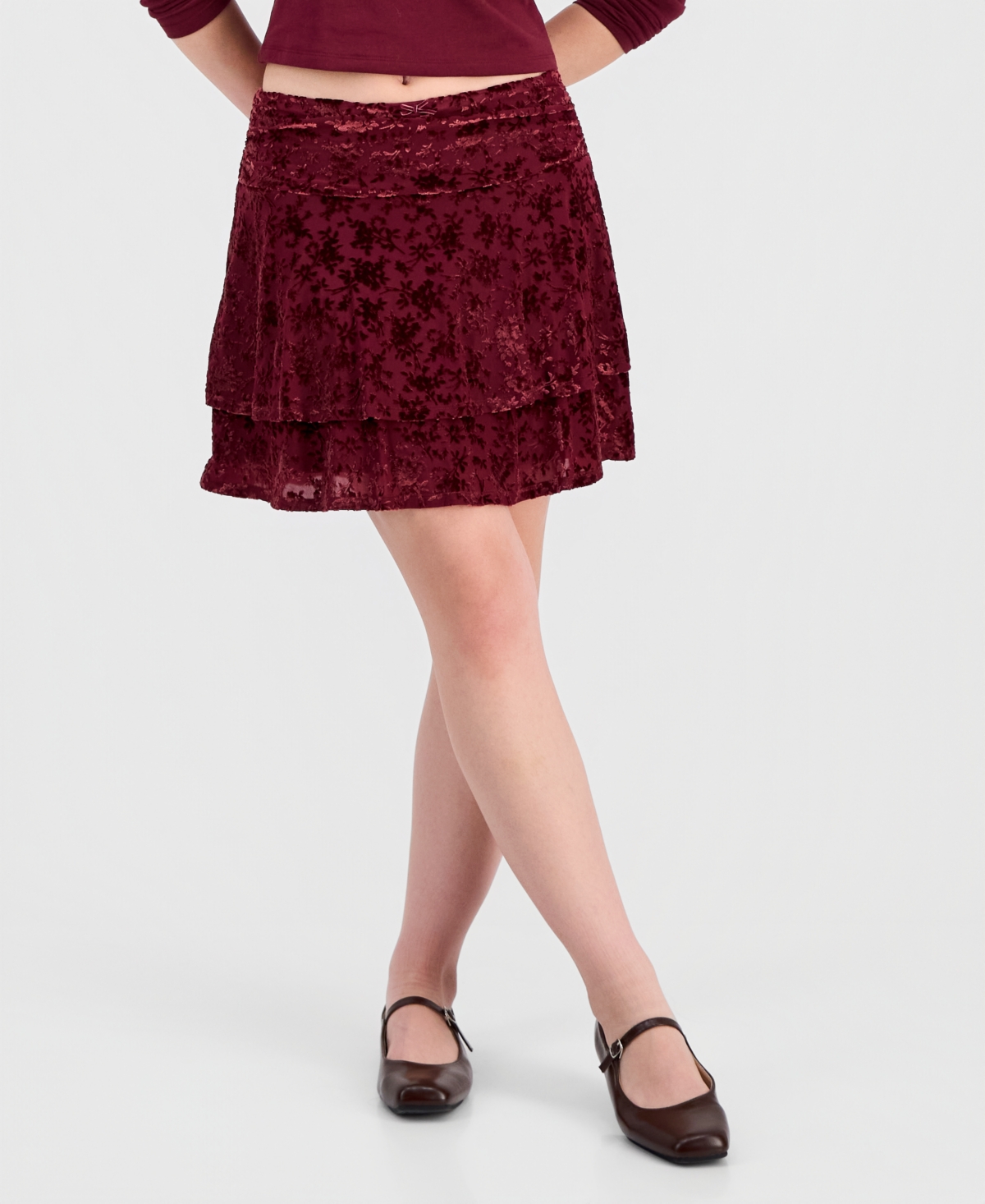 Sincerely Jules Juniors' Flocked Ruffle Lace Skirt In Burgundy