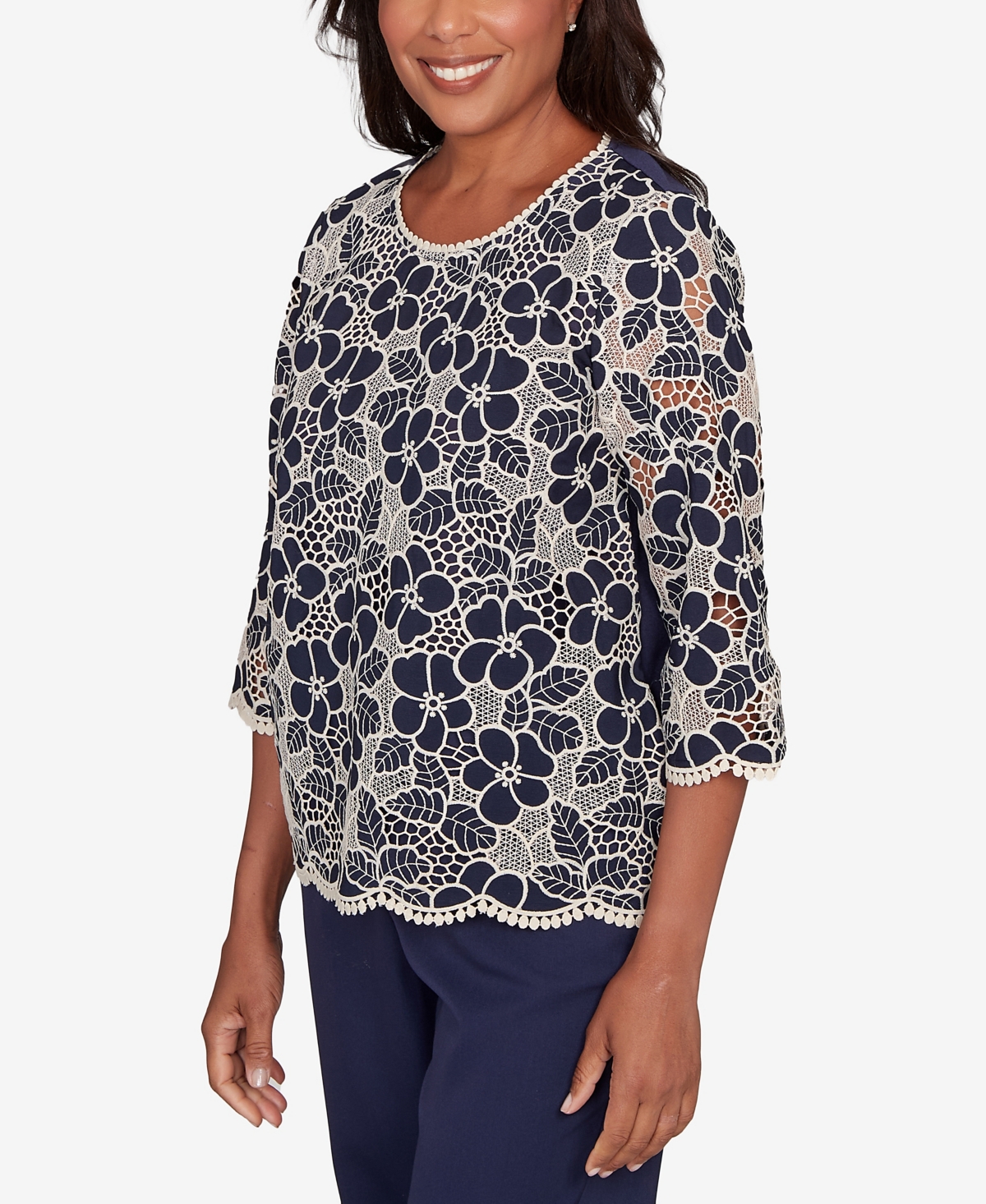 Alfred Dunner Petite Saratoga Springs Floral Lace Trim Soft Knit Top