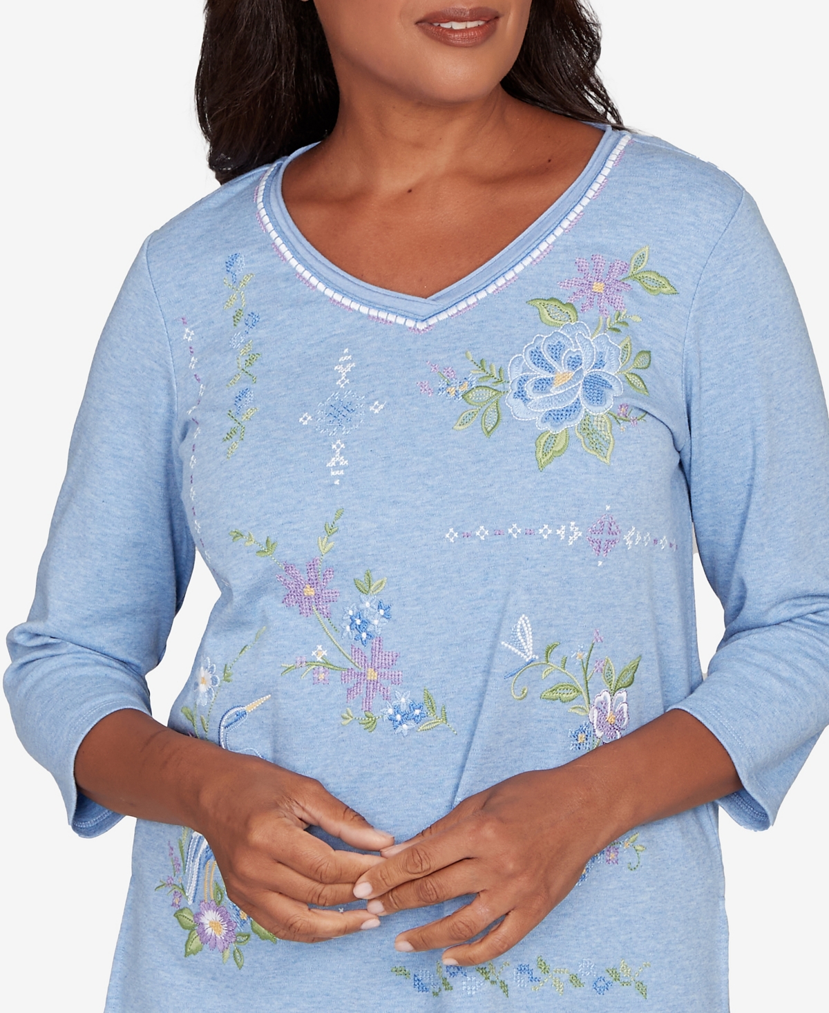 Alfred Dunner Petite Hilton Head Cross Stitched Floral Top