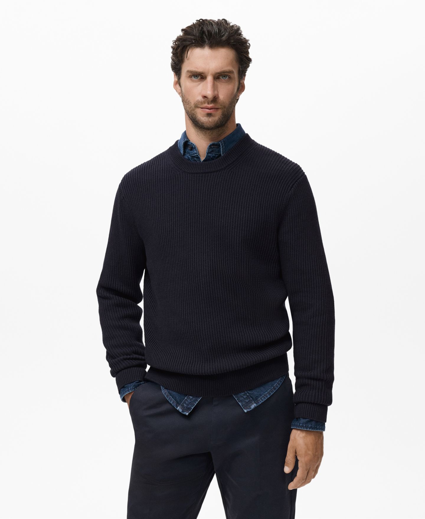 Мужской свитер MANGO Fine Rib-Knit Cotton, цвет: Тёмно-синий — фото 1