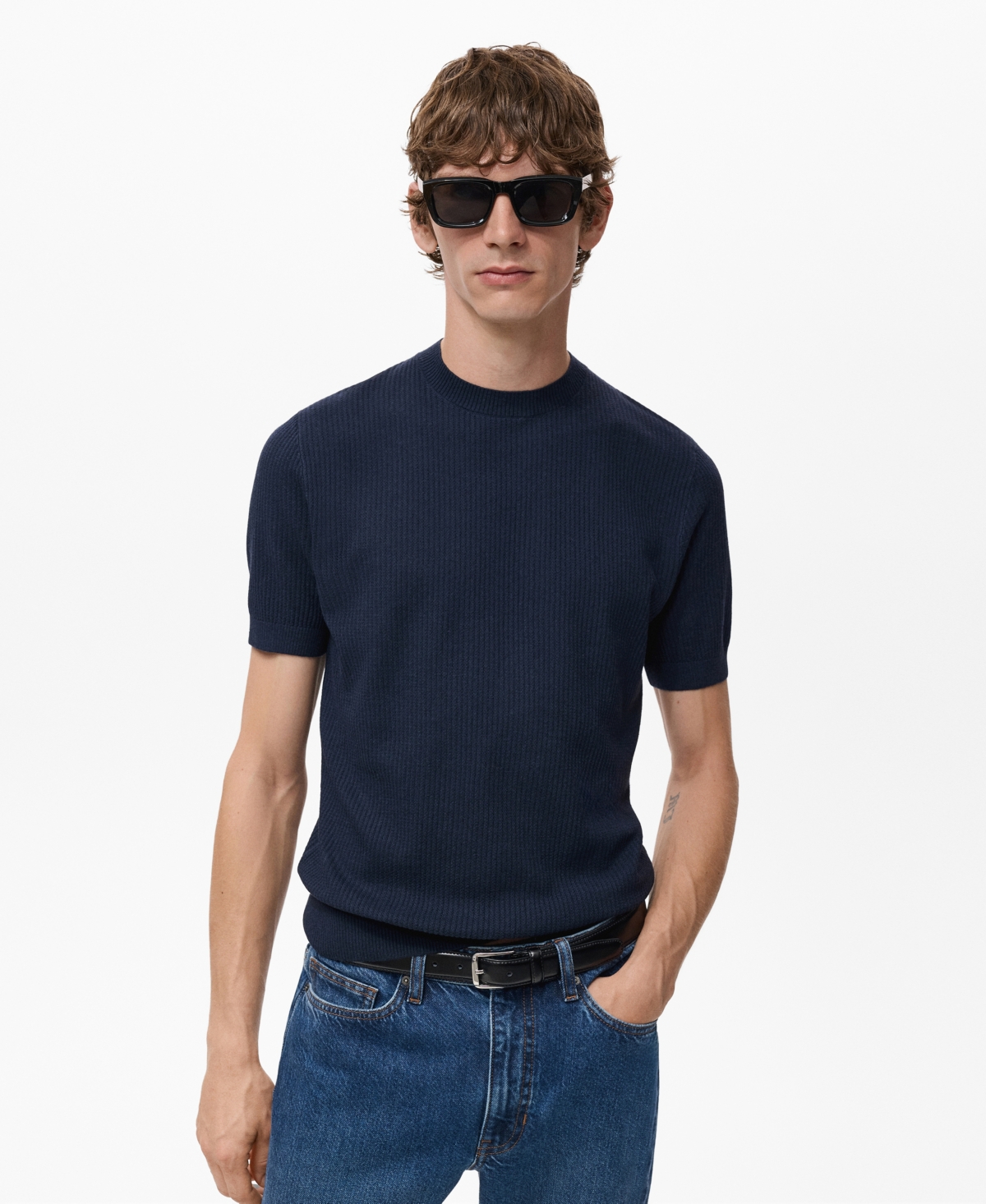Mango Men's Ribbed Knit T-Shirt