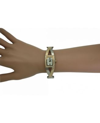 Two Tone Rhinestones And Pearl Tone Bangle Watch