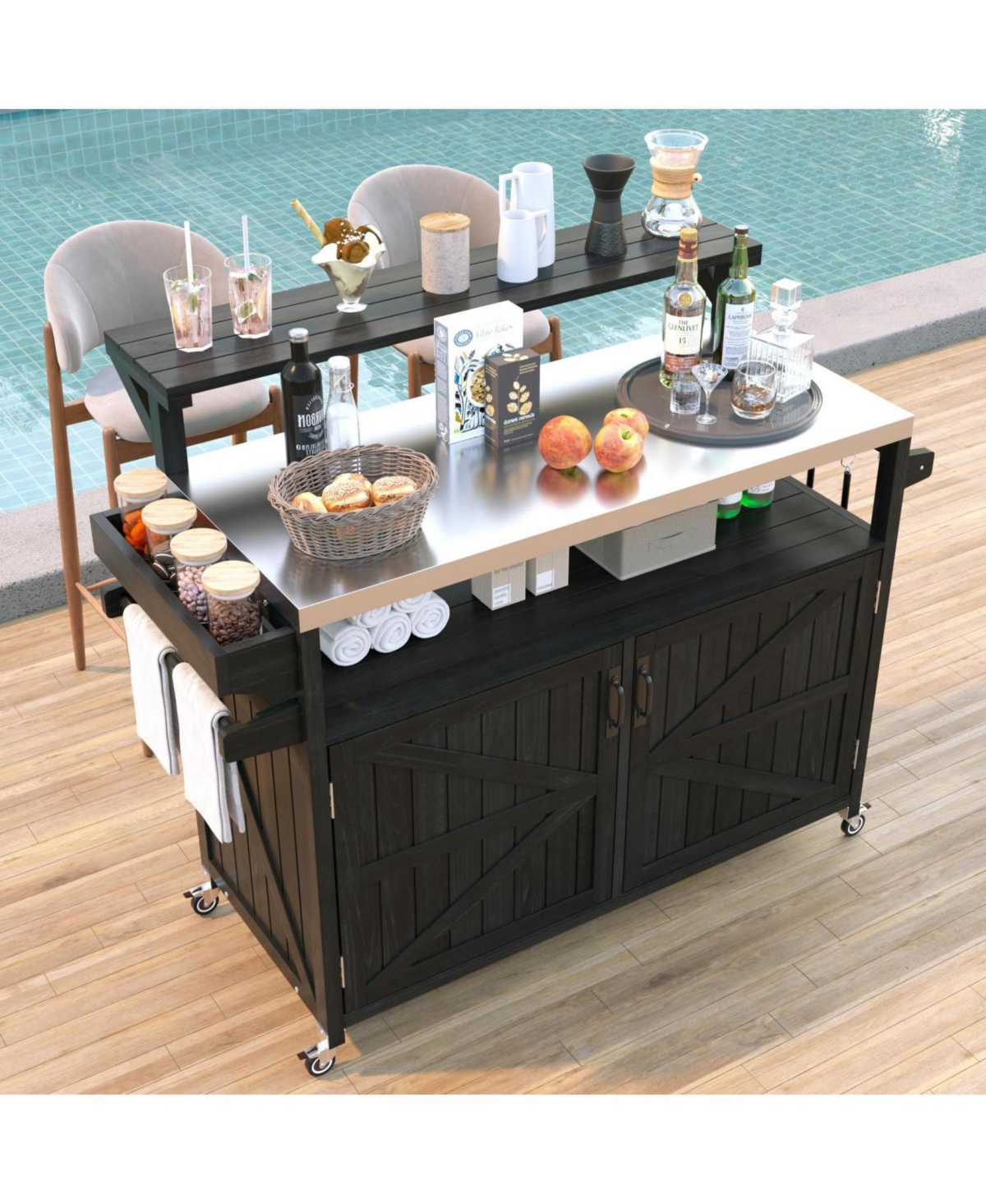 Streamdale Outdoor Kitchen Island, Wood Cabinet, Stainless Top, Rolling Grill Cart - Black