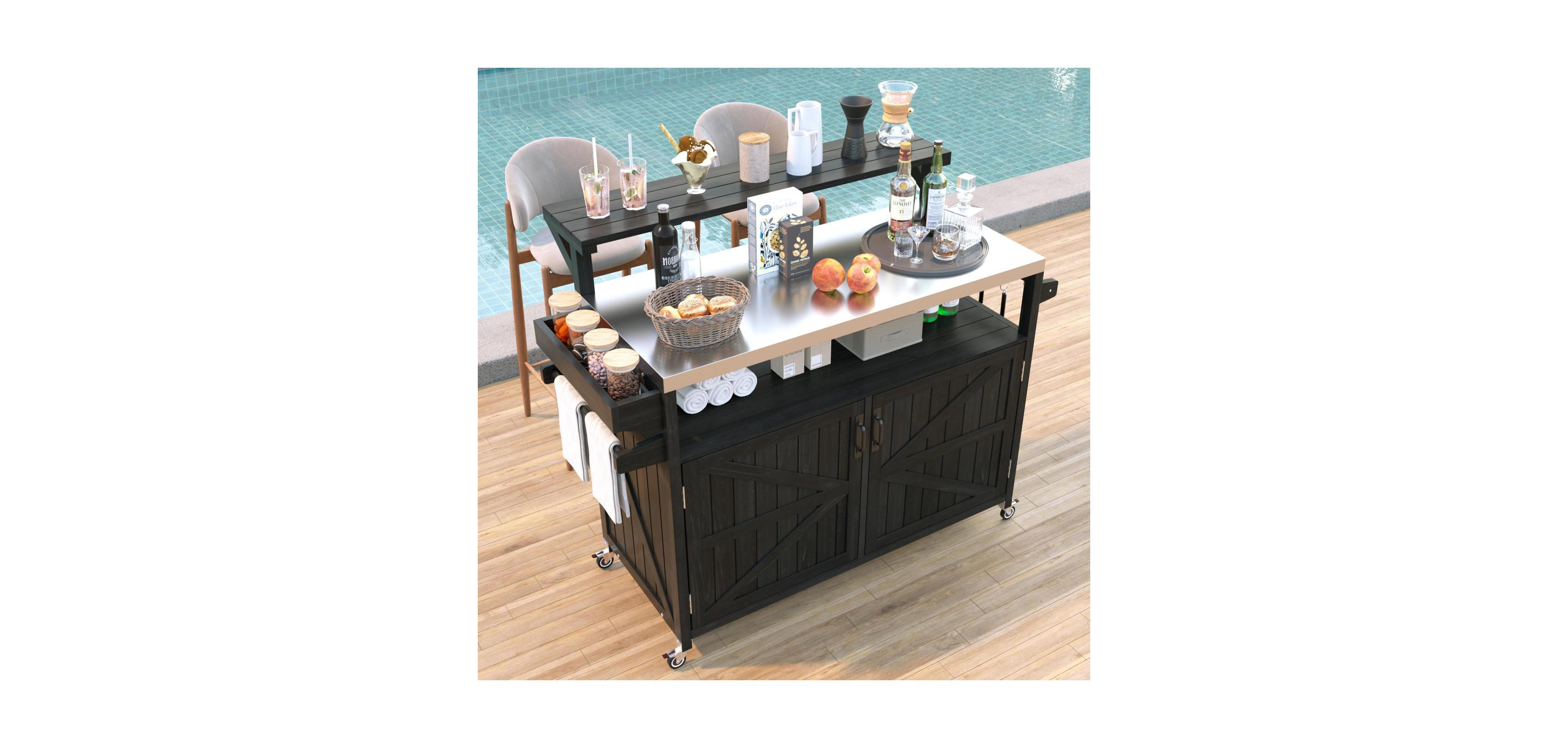 Streamdale Outdoor Kitchen Island, Wood Cabinet, Stainless Top, Rolling Grill Cart - Black