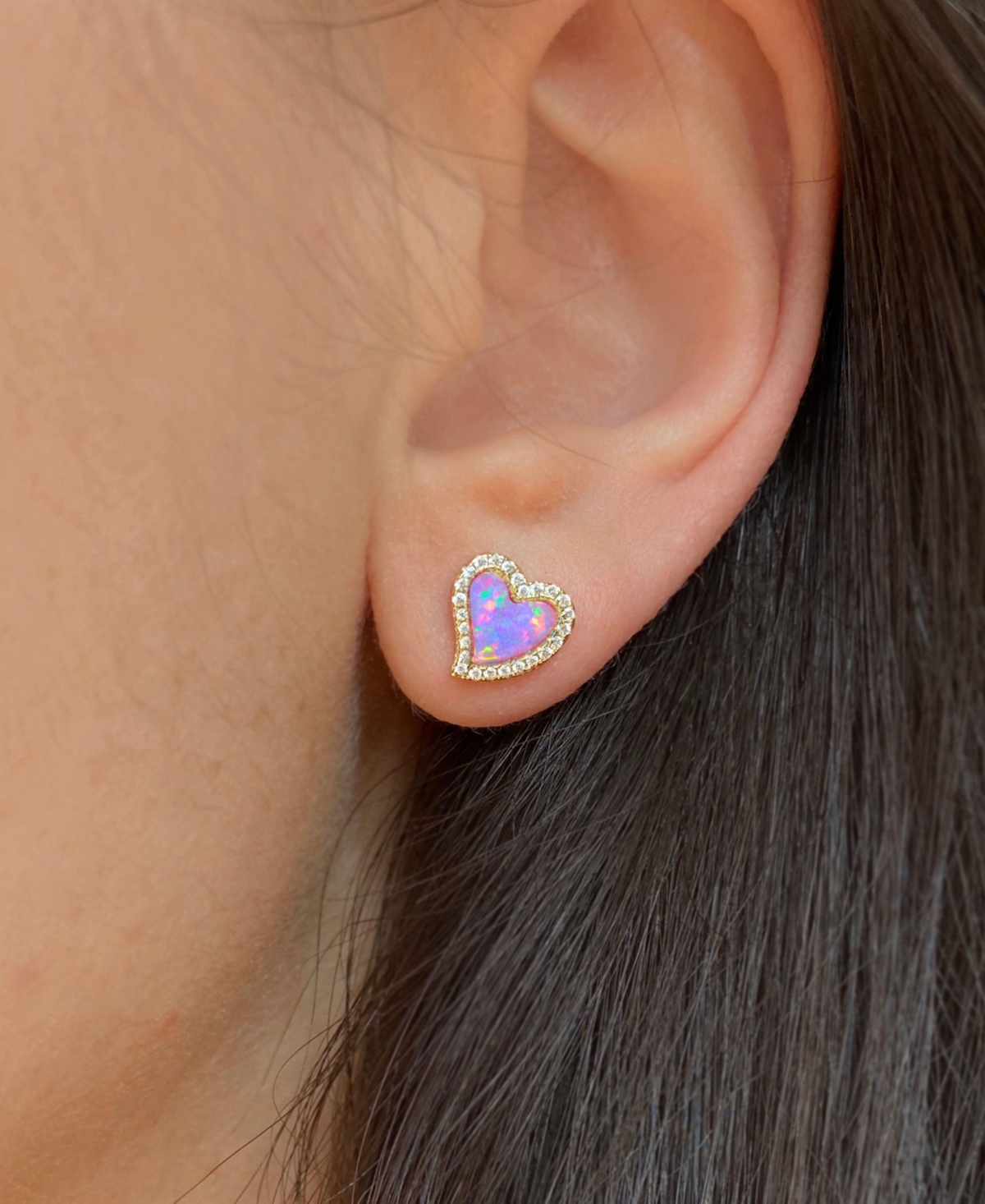 Kamaria Amore Heart Stud Earrings With Lab-grown Opal In 14k Gold Plated Sterling Silver In Purple