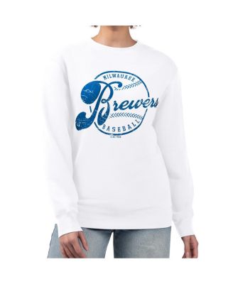 G-III 4Her by Carl Banks - Women's White Milwaukee Brewers Distressed Baseball Team Fleece Pullover Sweatshirt