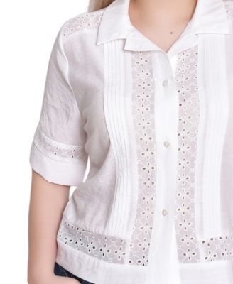 Petite Short Sleeve Eyelet Collared Top
