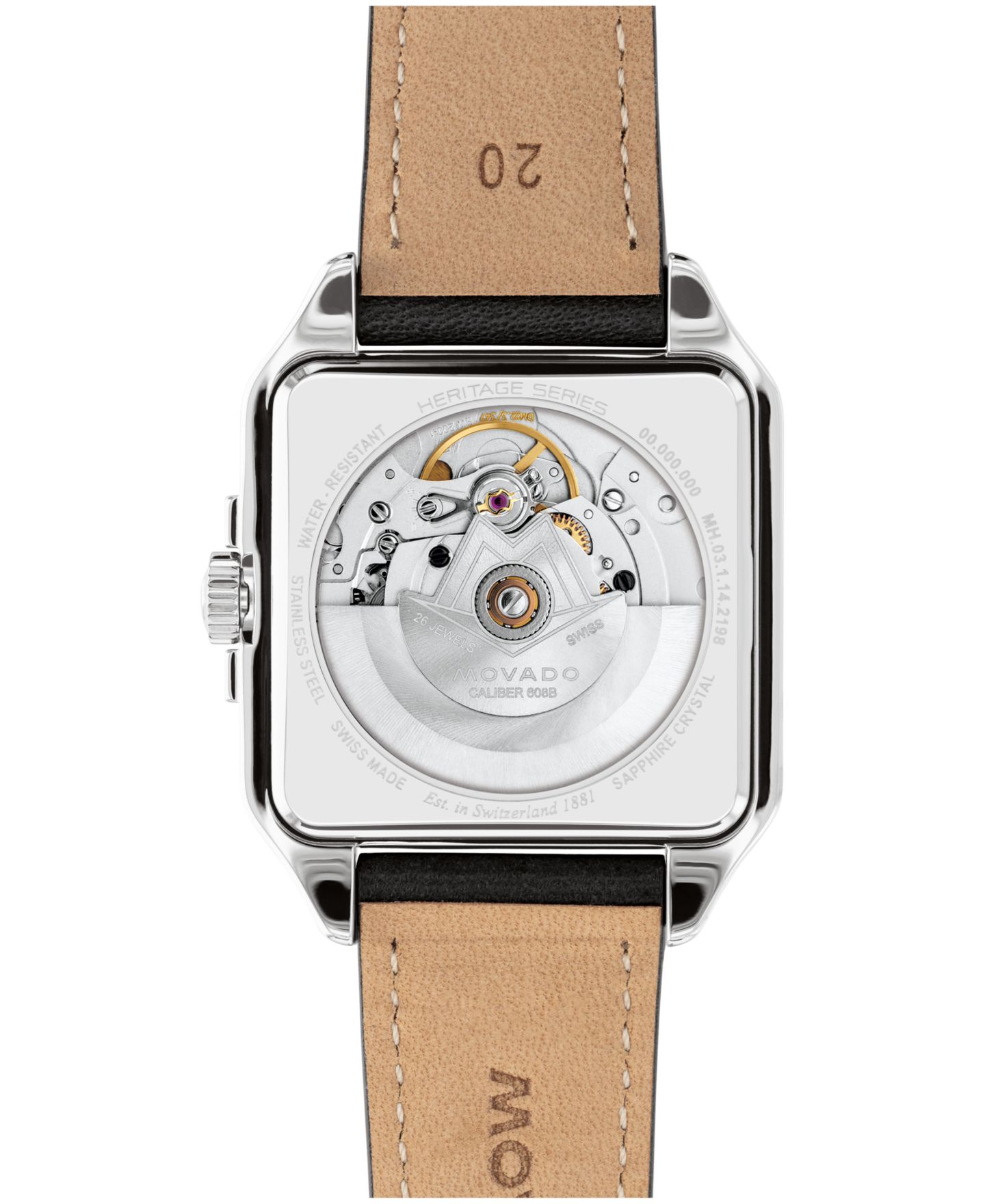 Мужские часы Movado 1917 Swiss Automatic Black Leather Watch, 35x45.2mm — фото 3