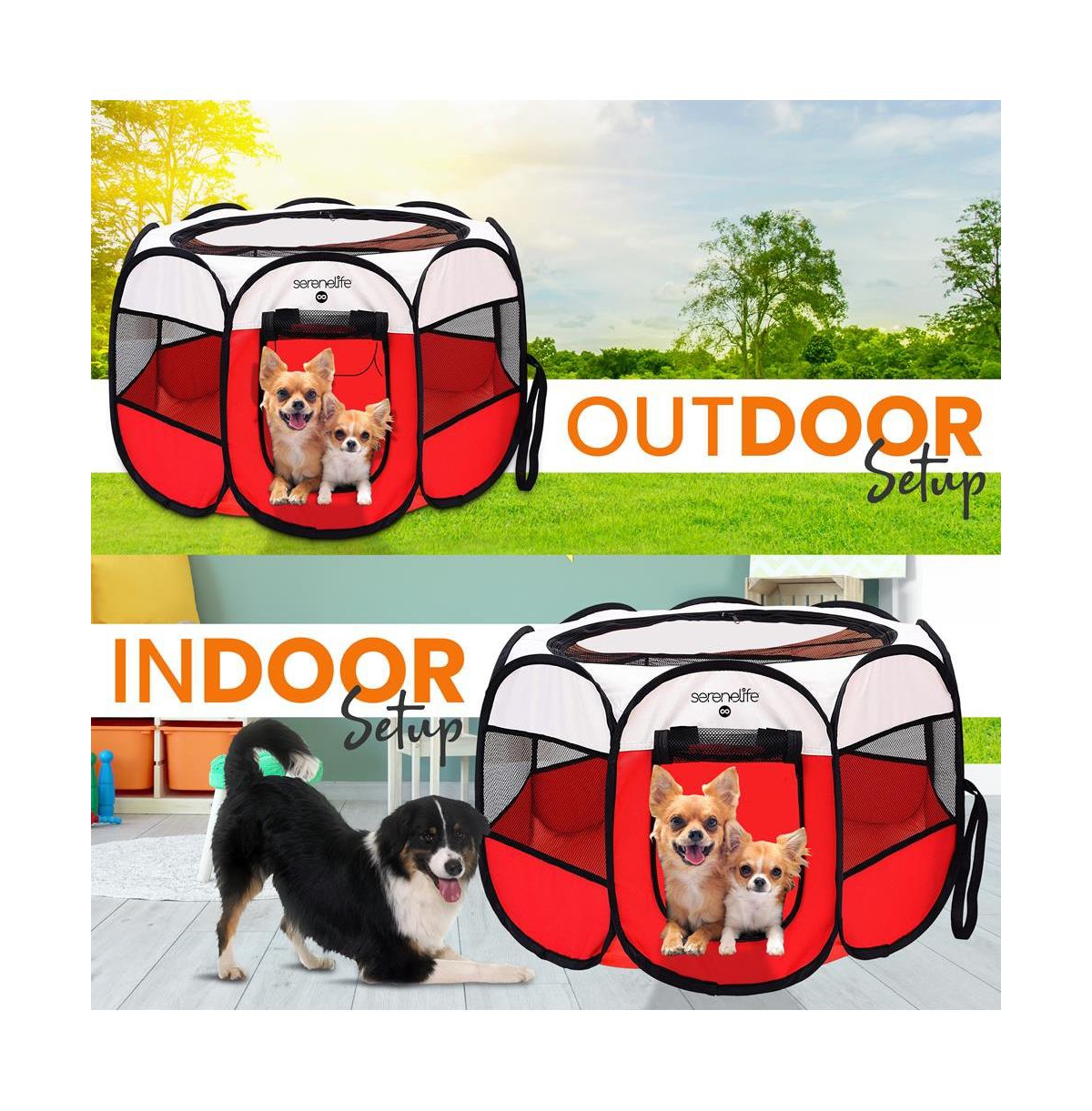 SereneLife Large Portable & Foldable Pet Tent with Travel Bowl, Red
