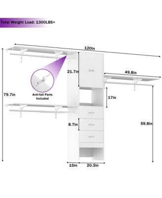 10-Foot Closet System with 3 Drawers, 120-Inch Walk-In Closet Organizer with Shelving Towers and Hanging Rods