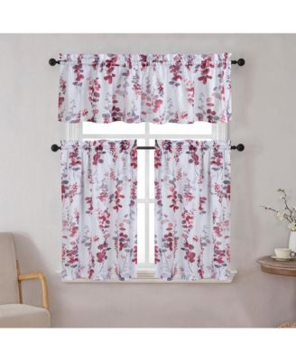 Watercolor Floral Lillies Complete 3 Piece Rod Pocket Kitchen Curtain Tier and Valance Set - Berry